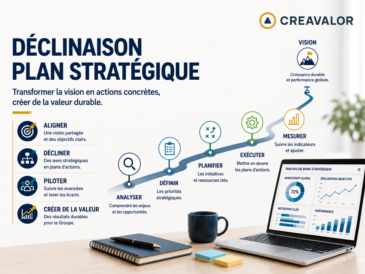 Déclinaison plan stratégique : transformer la vision en actions concrètes, créer de la valeur durable.